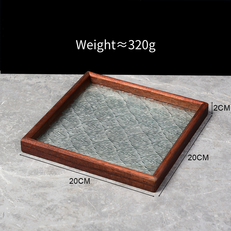 Embossed Glass Serving Tray with Walnut-Tone Frame (Multiple Styles)