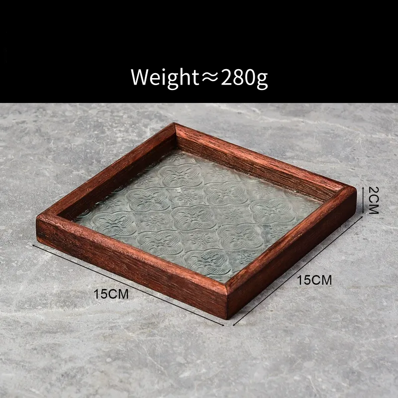 Embossed Glass Serving Tray with Walnut-Tone Frame (Multiple Styles)