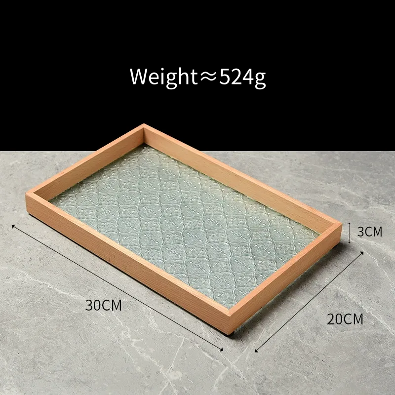 Embossed Glass Serving Tray with Walnut-Tone Frame (Multiple Styles)