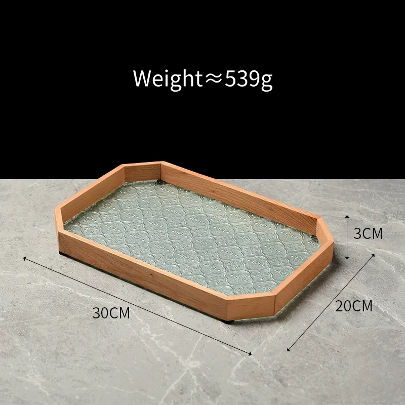 Embossed Glass Serving Tray with Walnut-Tone Frame (Multiple Styles)