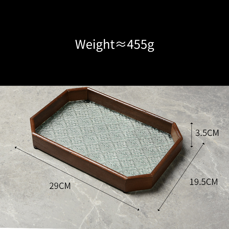 Embossed Glass Serving Tray with Walnut-Tone Frame (Multiple Styles)