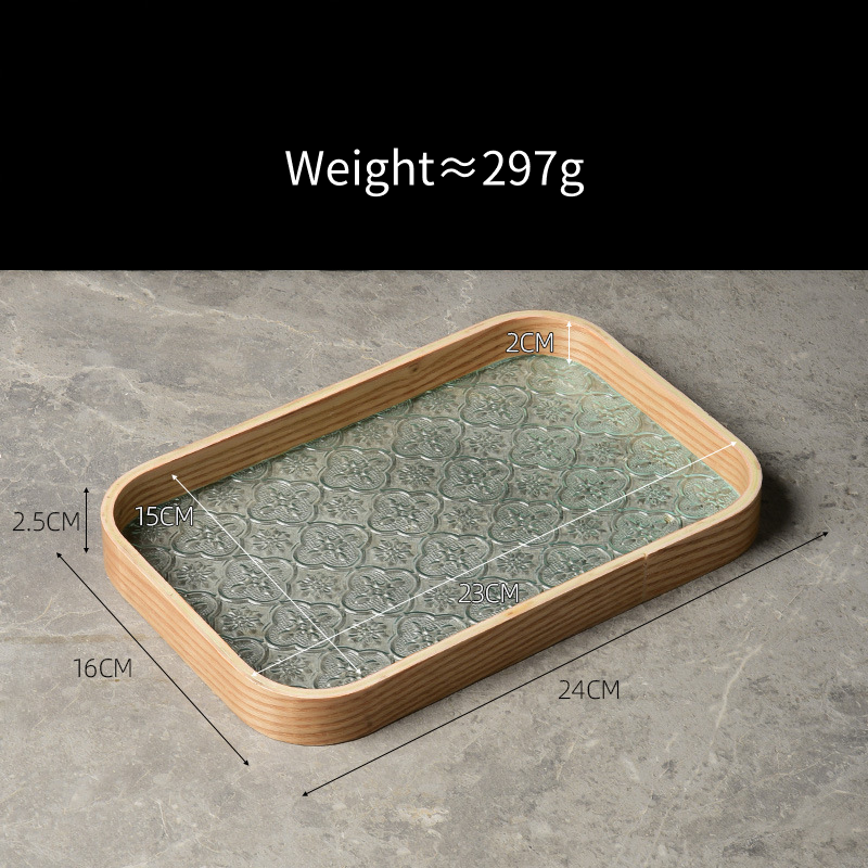 Embossed Glass Serving Tray with Walnut-Tone Frame (Multiple Styles)