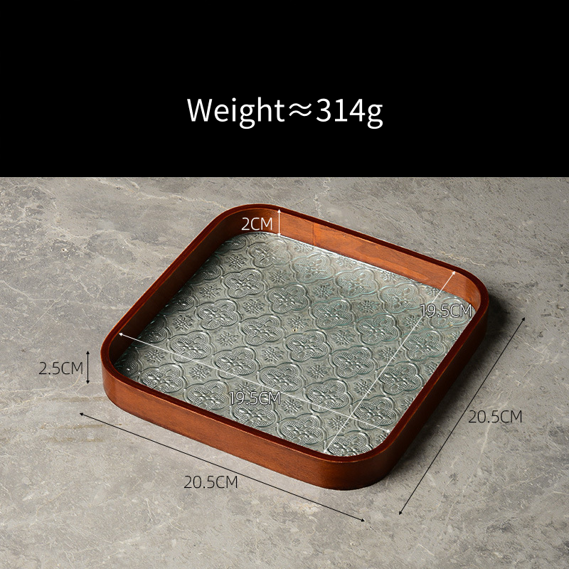 Embossed Glass Serving Tray with Walnut-Tone Frame (Multiple Styles)