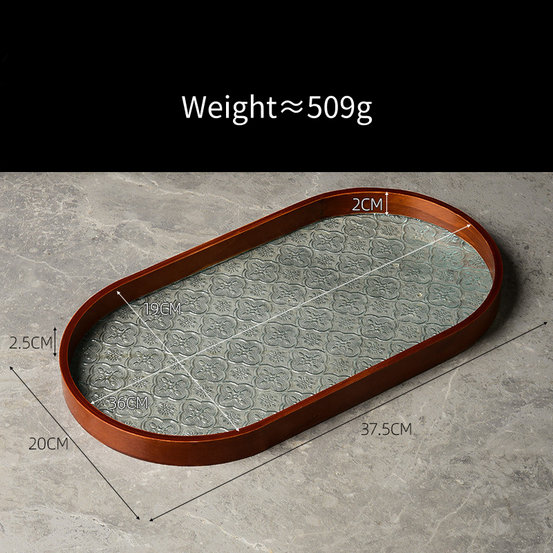 Embossed Glass Serving Tray with Walnut-Tone Frame (Multiple Styles)