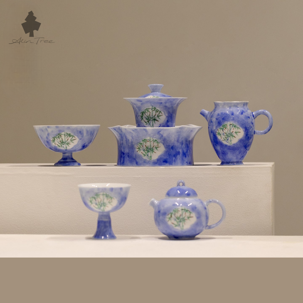 Hand-Painted Bamboo Shadow Tea Set – Azure Blue Collection