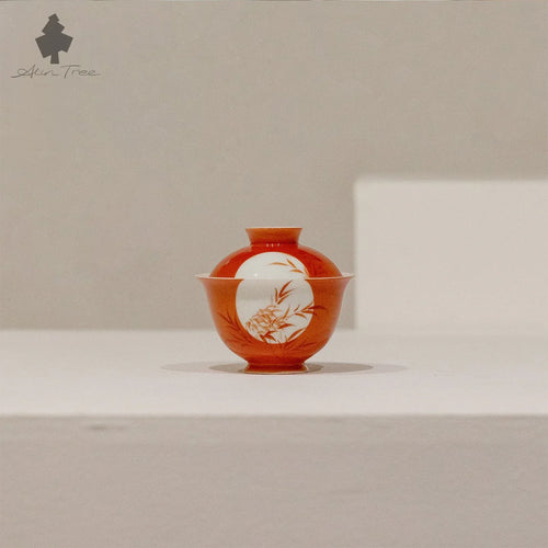 Cinnabar Red Bamboo Window Gaiwan – Hand-Painted Porcelain - AlinTree