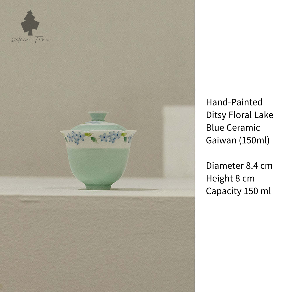 Hand-Painted Ditsy Floral Lake Blue Ceramic Gaiwan (150ml)