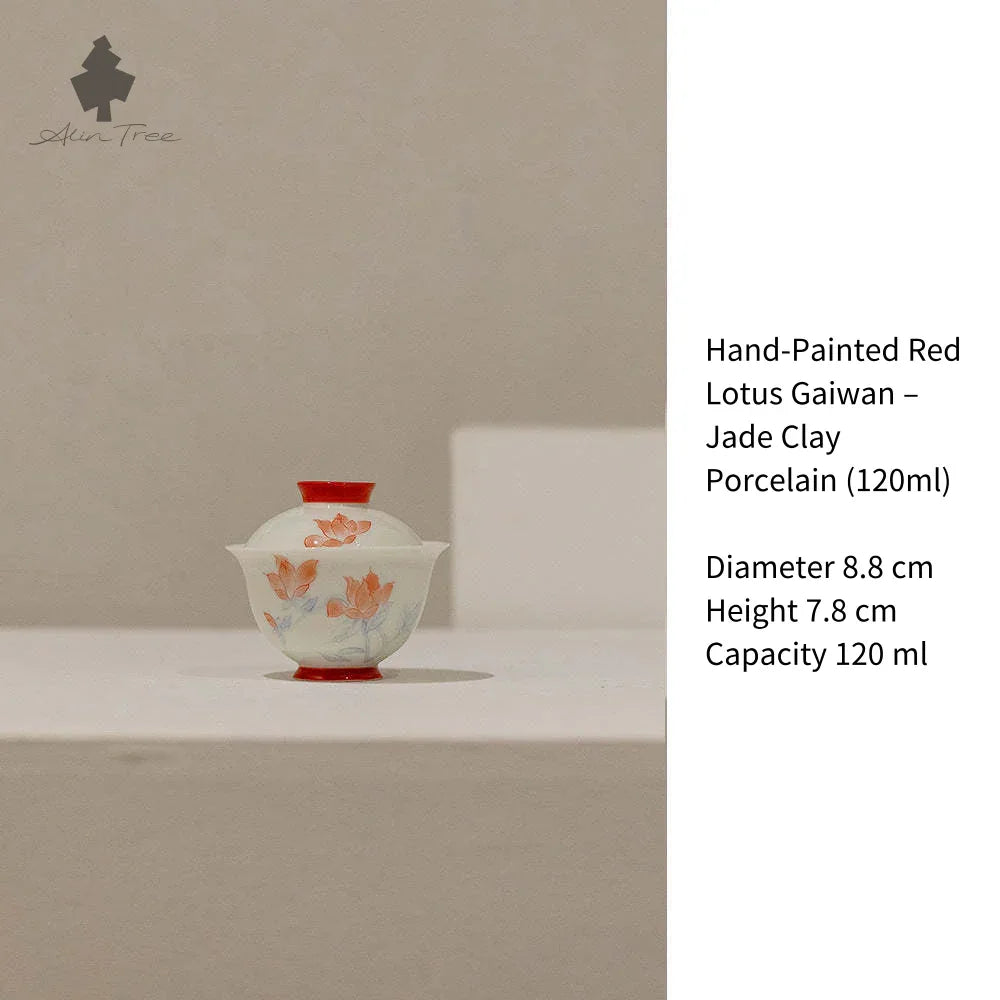 Hand-Painted Red Lotus Gaiwan – Jade Clay Porcelain (120ml) - AlinTree