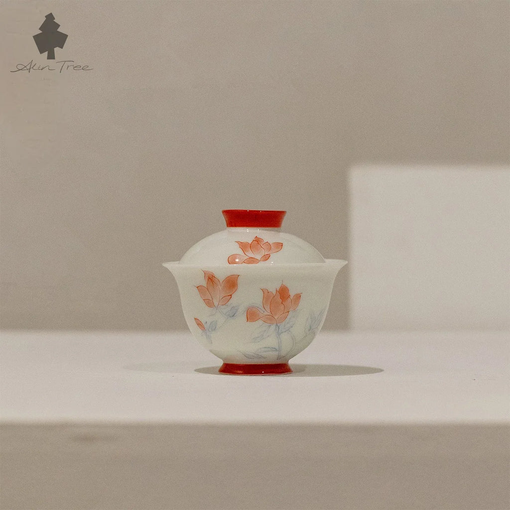 Hand-Painted Red Lotus Gaiwan – Jade Clay Porcelain (120ml) - AlinTree