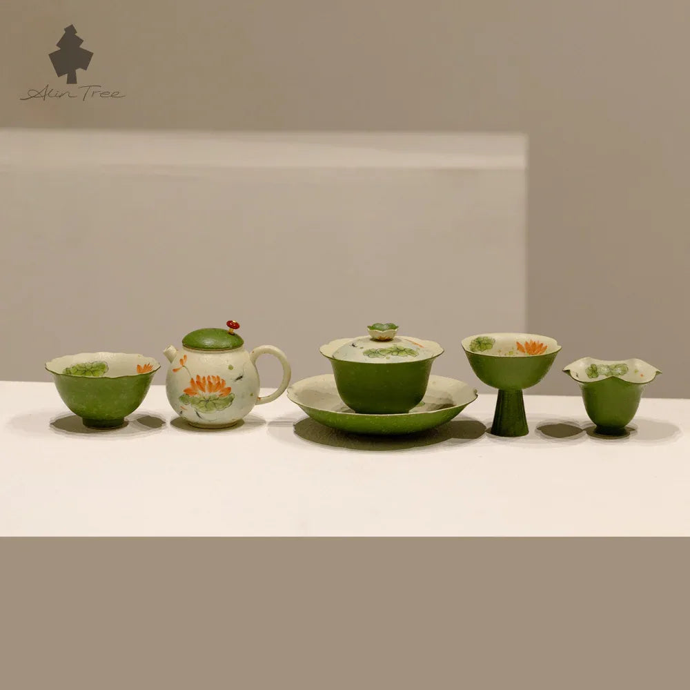 Hand-Painted Lotus &amp; Fish Collection – Celadon Green (Lotus Motif) - AlinTree