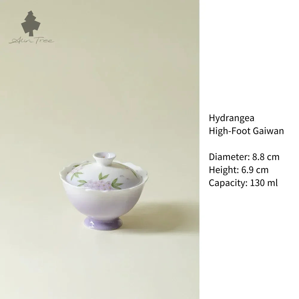 Hand-Painted Hydrangea Glow Jade Clay Gaiwan (130ml) - AlinTree