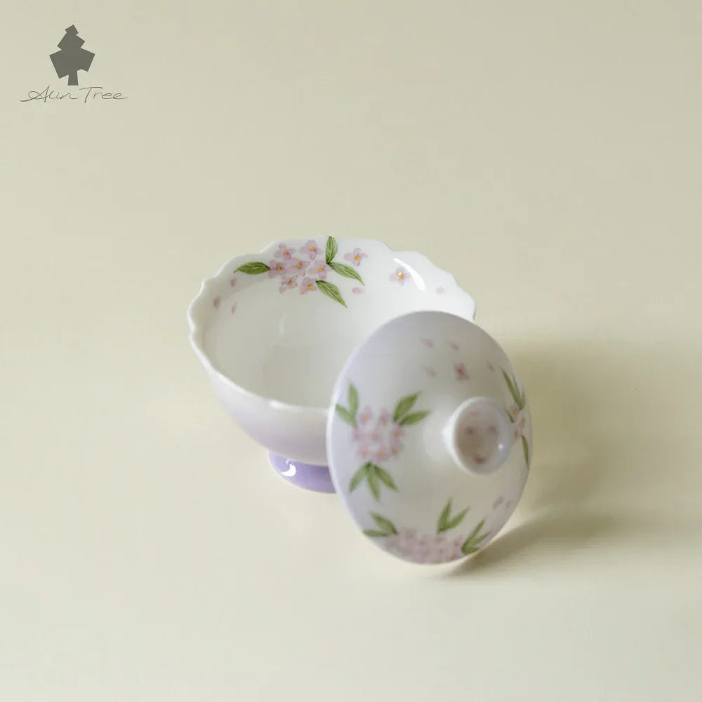 Hand-Painted Hydrangea Glow Jade Clay Gaiwan (130ml) - AlinTree