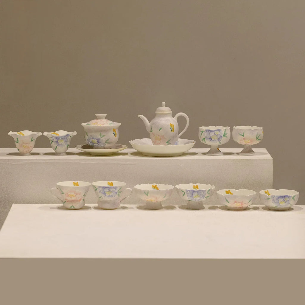 Hand-Painted Peony Collection – Pastel White Glaze (Peony Motif) - AlinTree