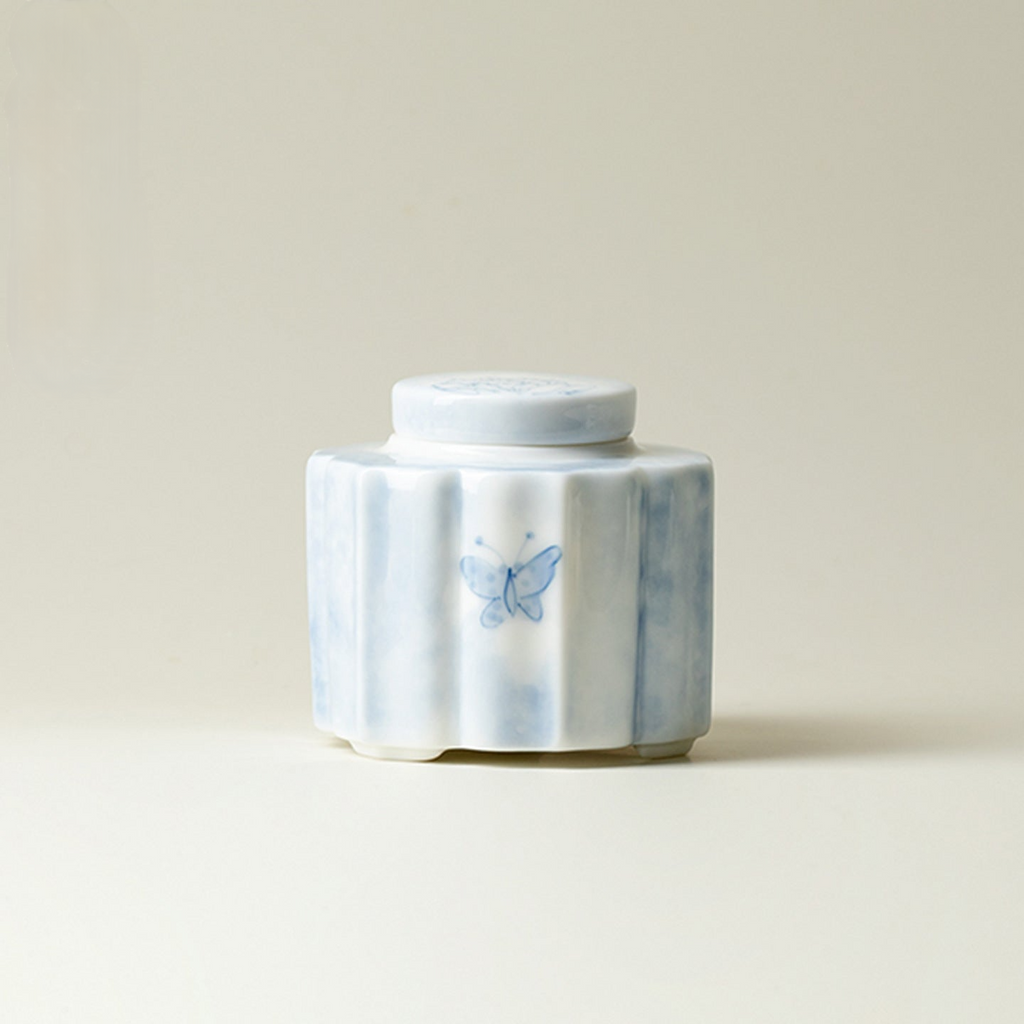 Hand-Painted Blue & White Butterfly Petal Travel Ceramic Tea Canister (180ml)