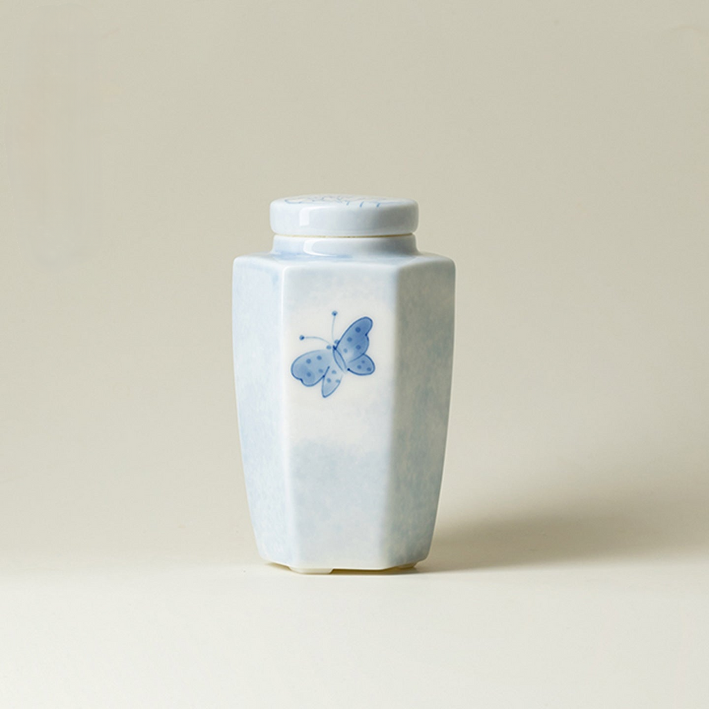 Hand-Painted Butterfly & Floral Hexagon Mini Travel Ceramic Tea Canister (250ml)