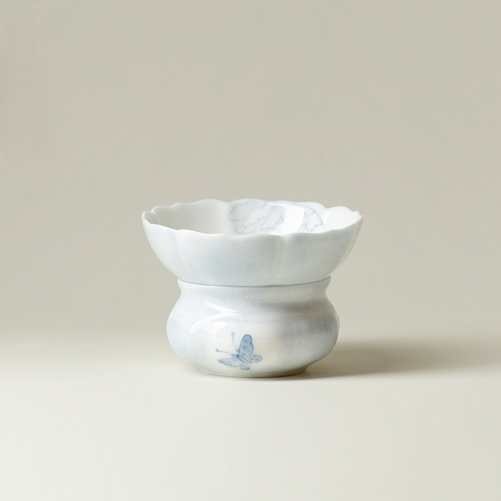 Hand-Painted Butterfly & Floral Petal Ceramic Tea Strainer Set