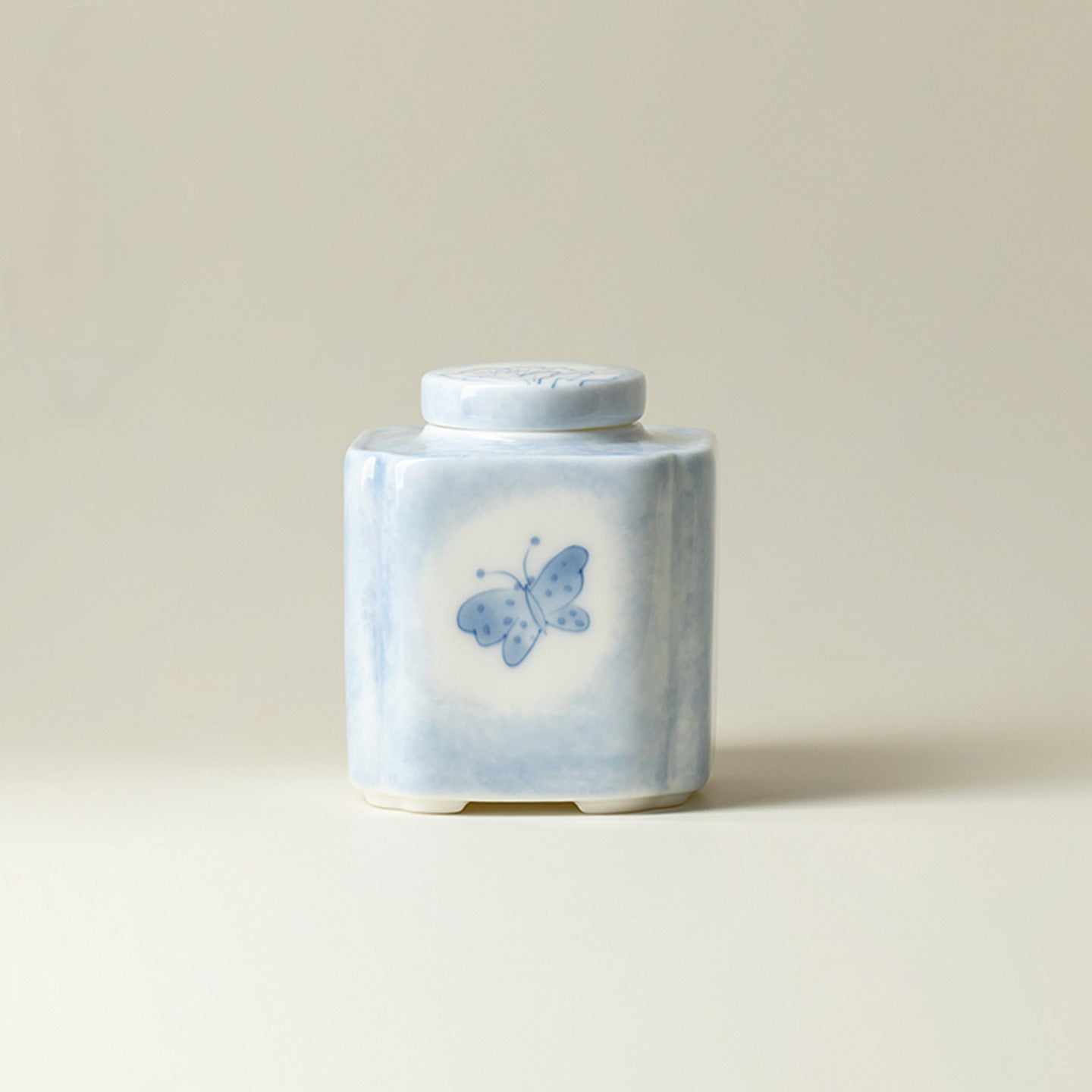 Hand-Painted Butterfly & Floral Square Ceramic Tea Canister (320ml)