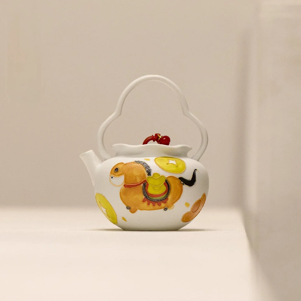 Hand-Painted Fortune Horse Snowflake White Bail-Handle Ceramic Teapot (160ml) - AlinTree