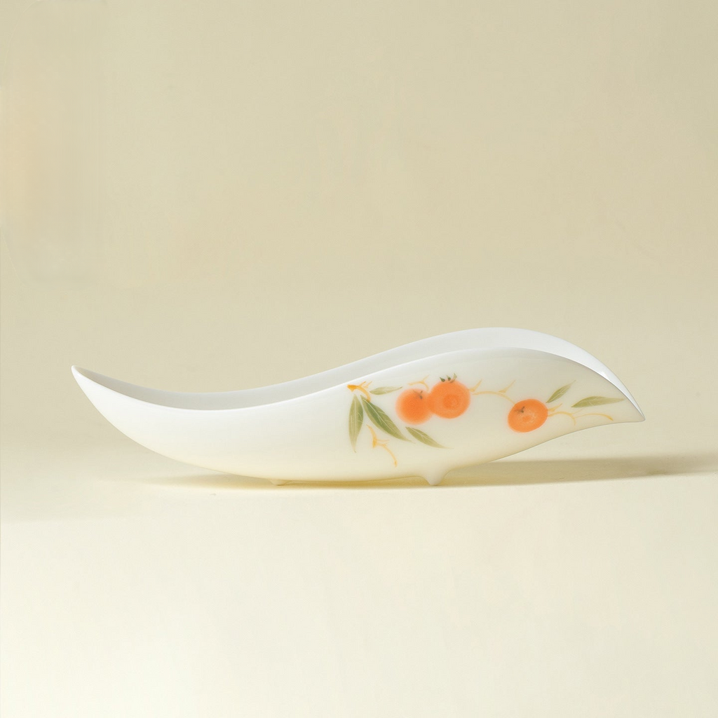 Hand-Painted Persimmon Blessing Autumn Leaf Ceramic Tea Scoop (Cha Ze)