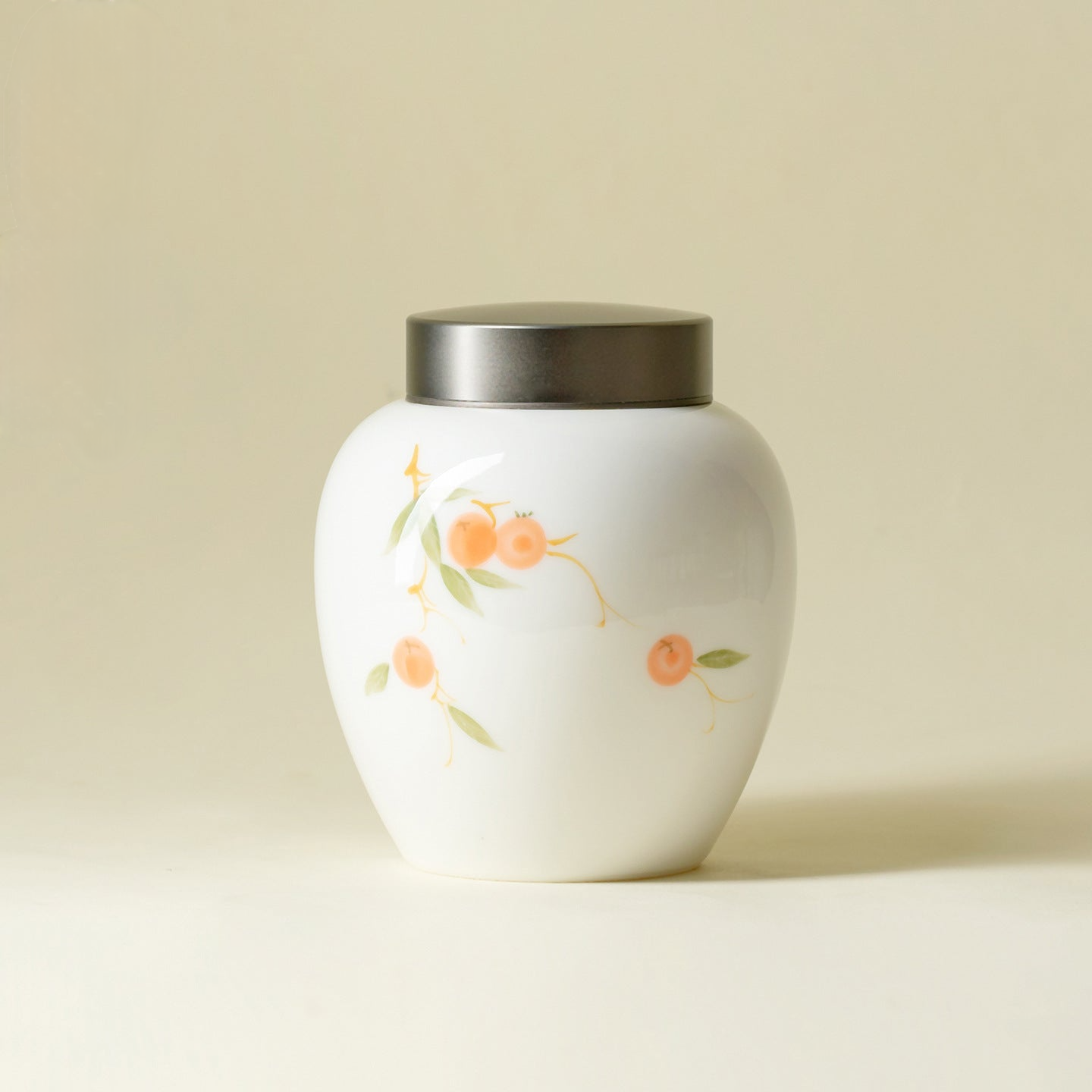 Hand-Painted Persimmon Blessing Ceramic Tea Canister with Alloy Lid (880ml)