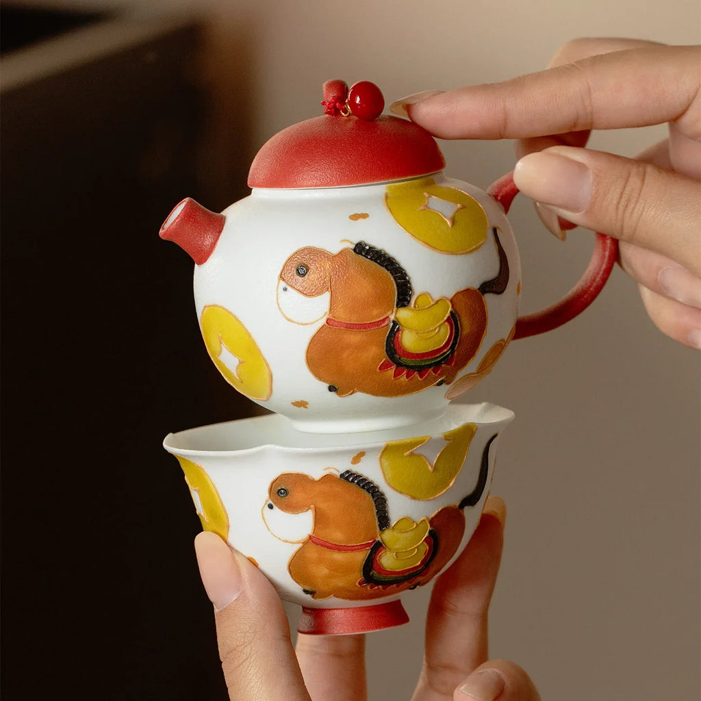 Hand-Painted Fortune Horse Snowflake White Ceramic Teapot (160ml) - AlinTree
