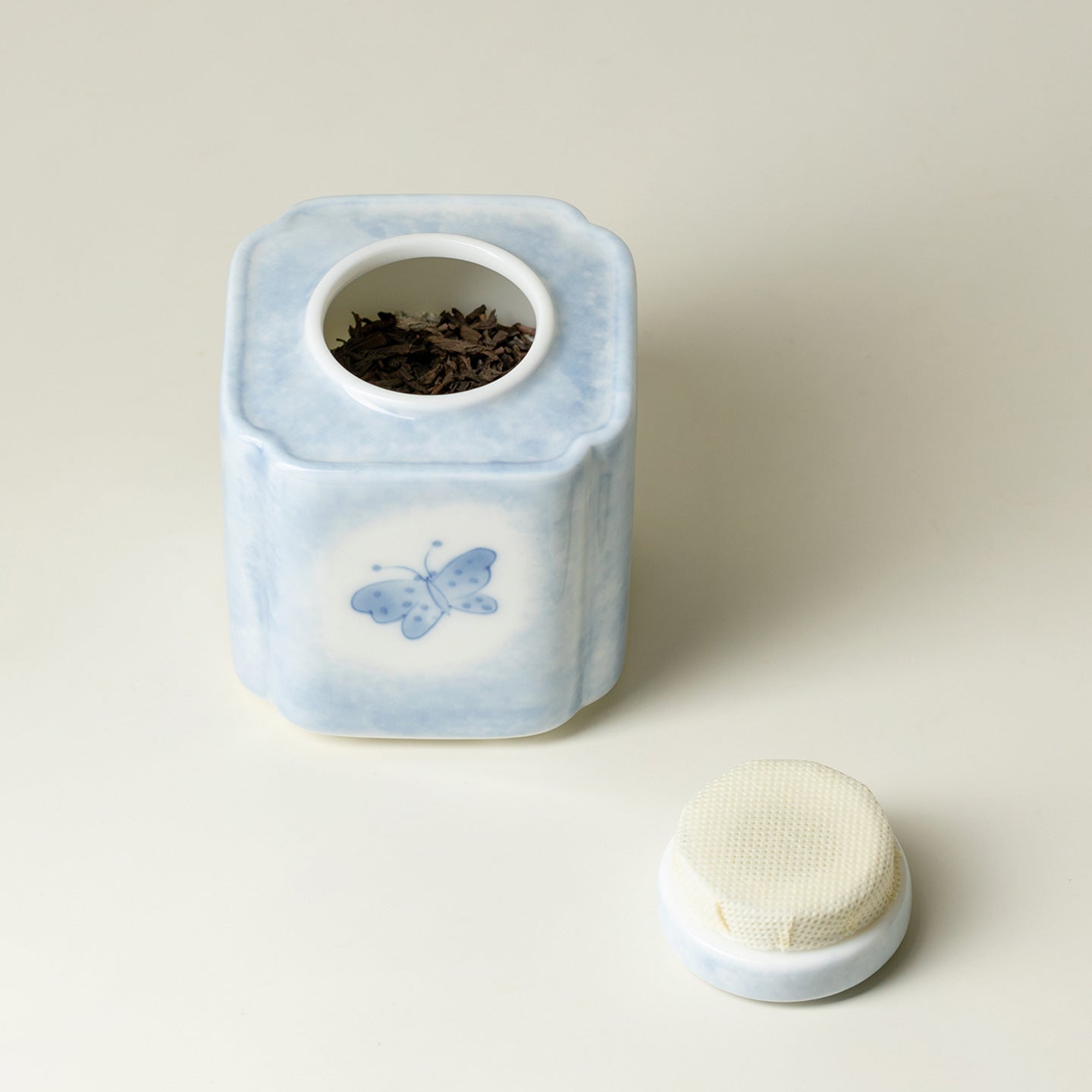 Hand-Painted Butterfly & Floral Square Ceramic Tea Canister (320ml)