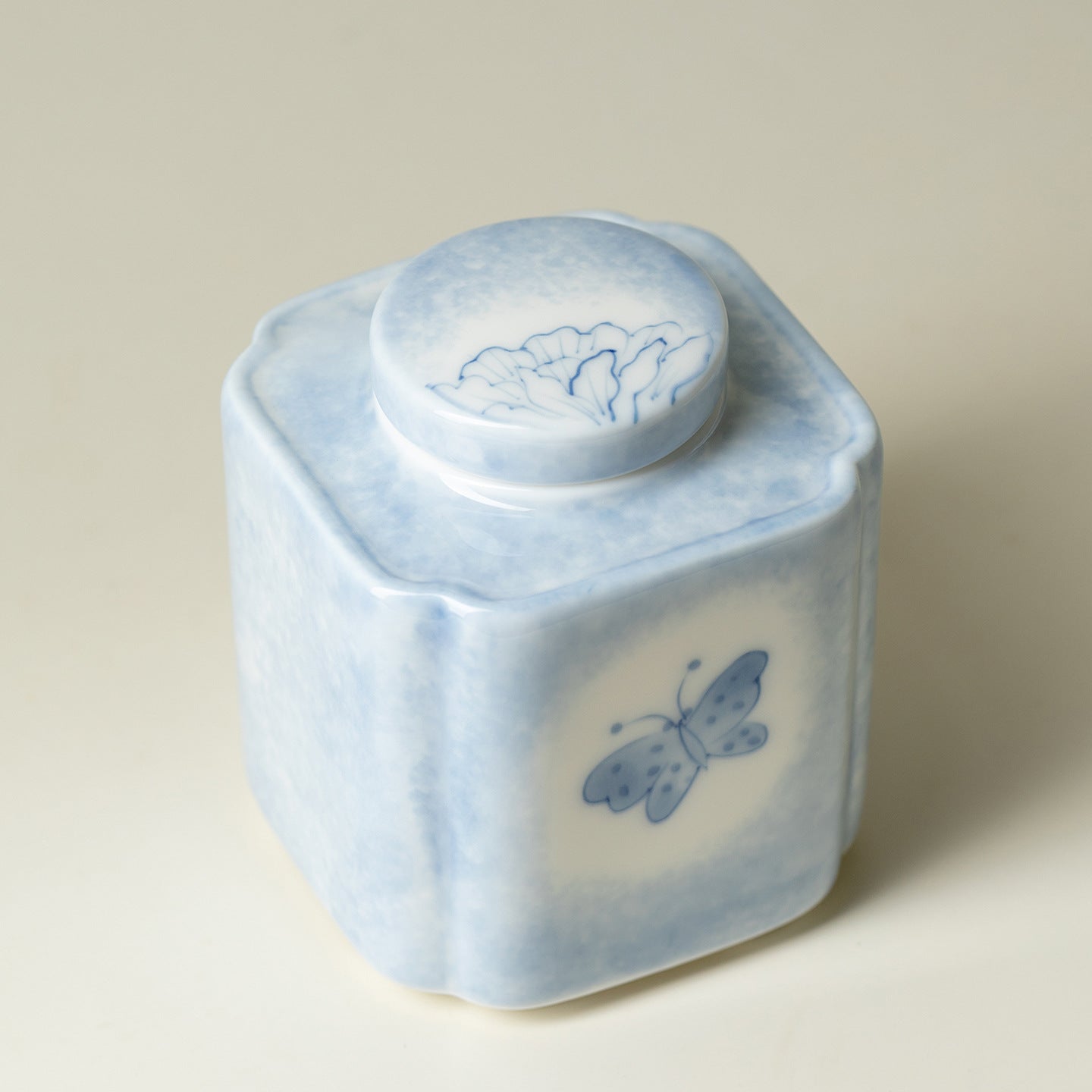 Hand-Painted Butterfly & Floral Square Ceramic Tea Canister (320ml)