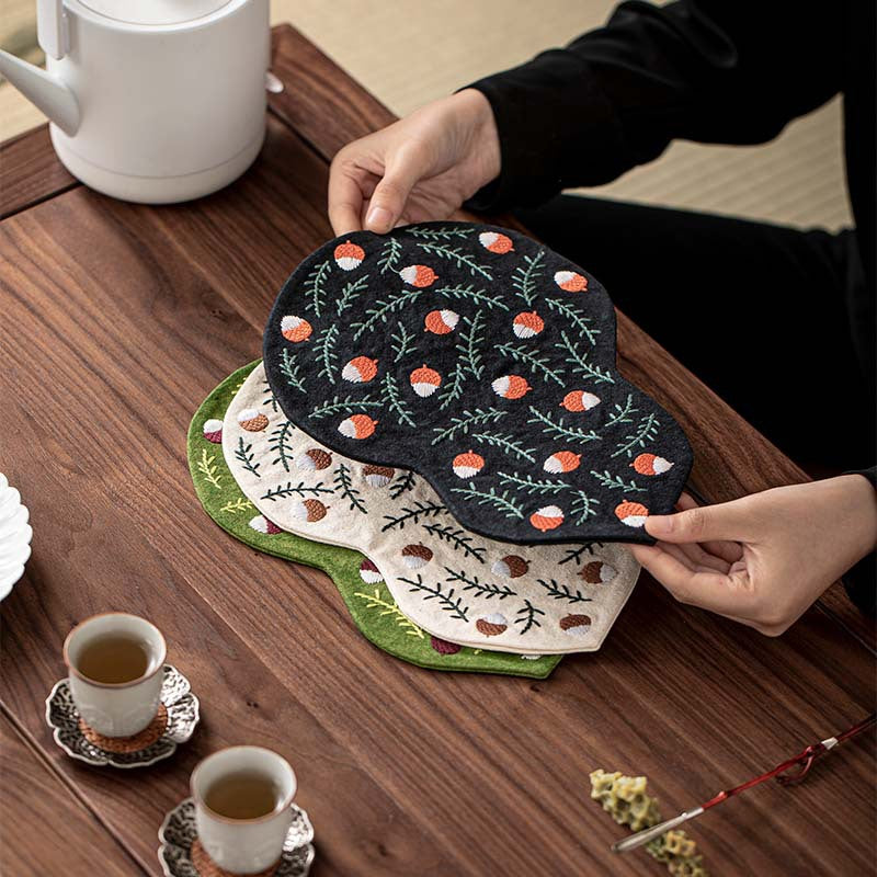 Gourd Teapot Coaster Embroidered Coaster Vintage Teapot Coaster Tray Mat Heat-Resistant Mat Premium Tea Mat