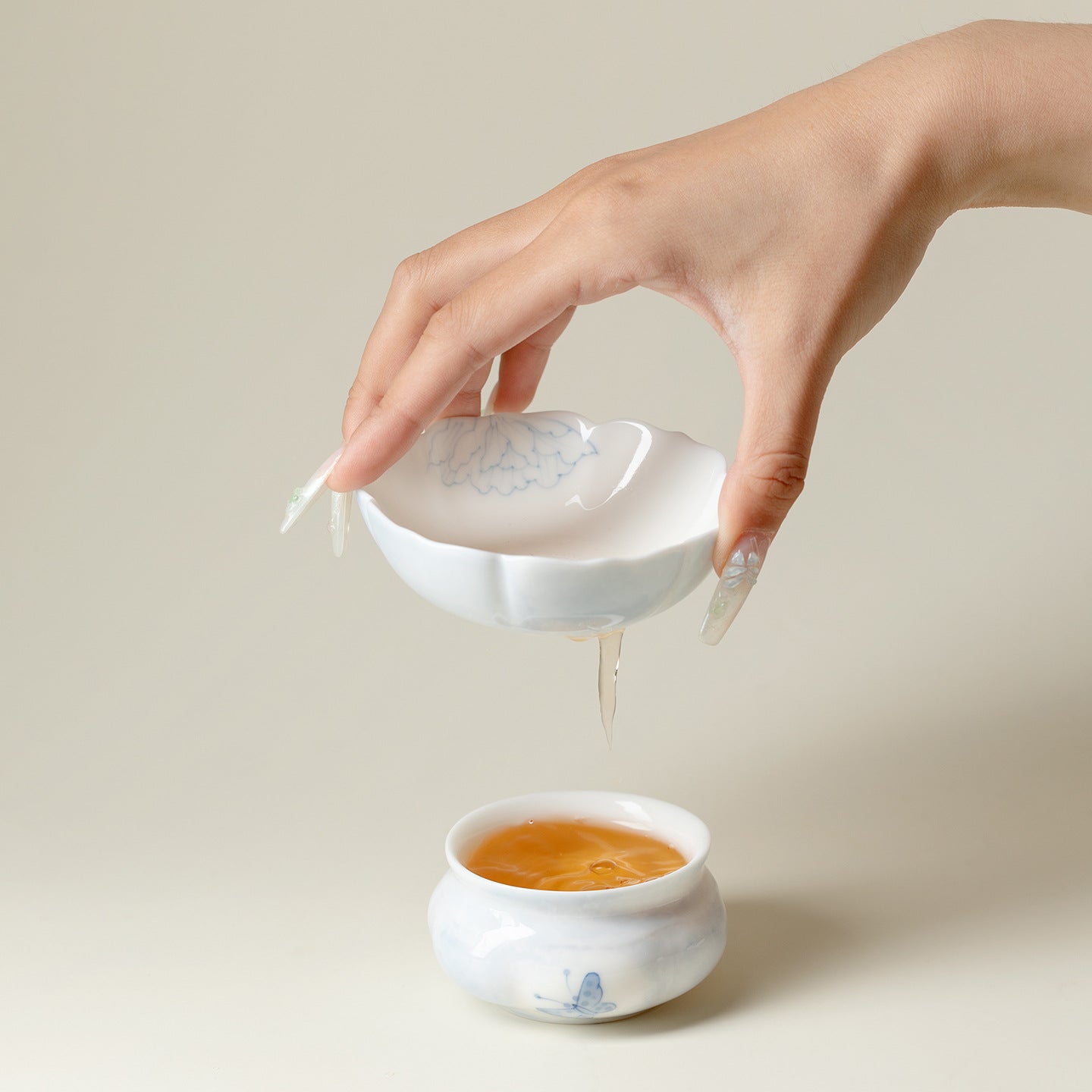 Hand-Painted Butterfly & Floral Petal Ceramic Tea Strainer Set