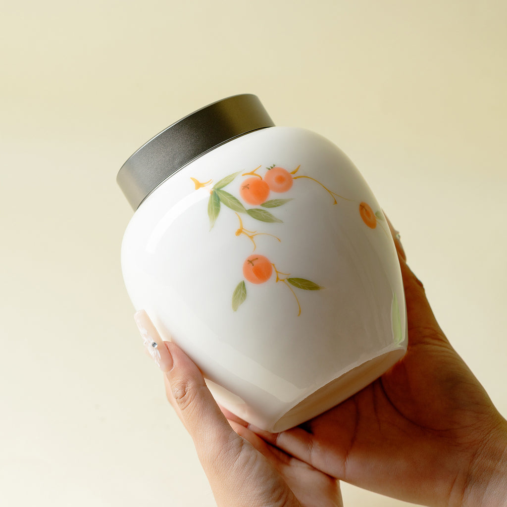 Hand-Painted Persimmon Blessing Ceramic Tea Canister with Alloy Lid (880ml)