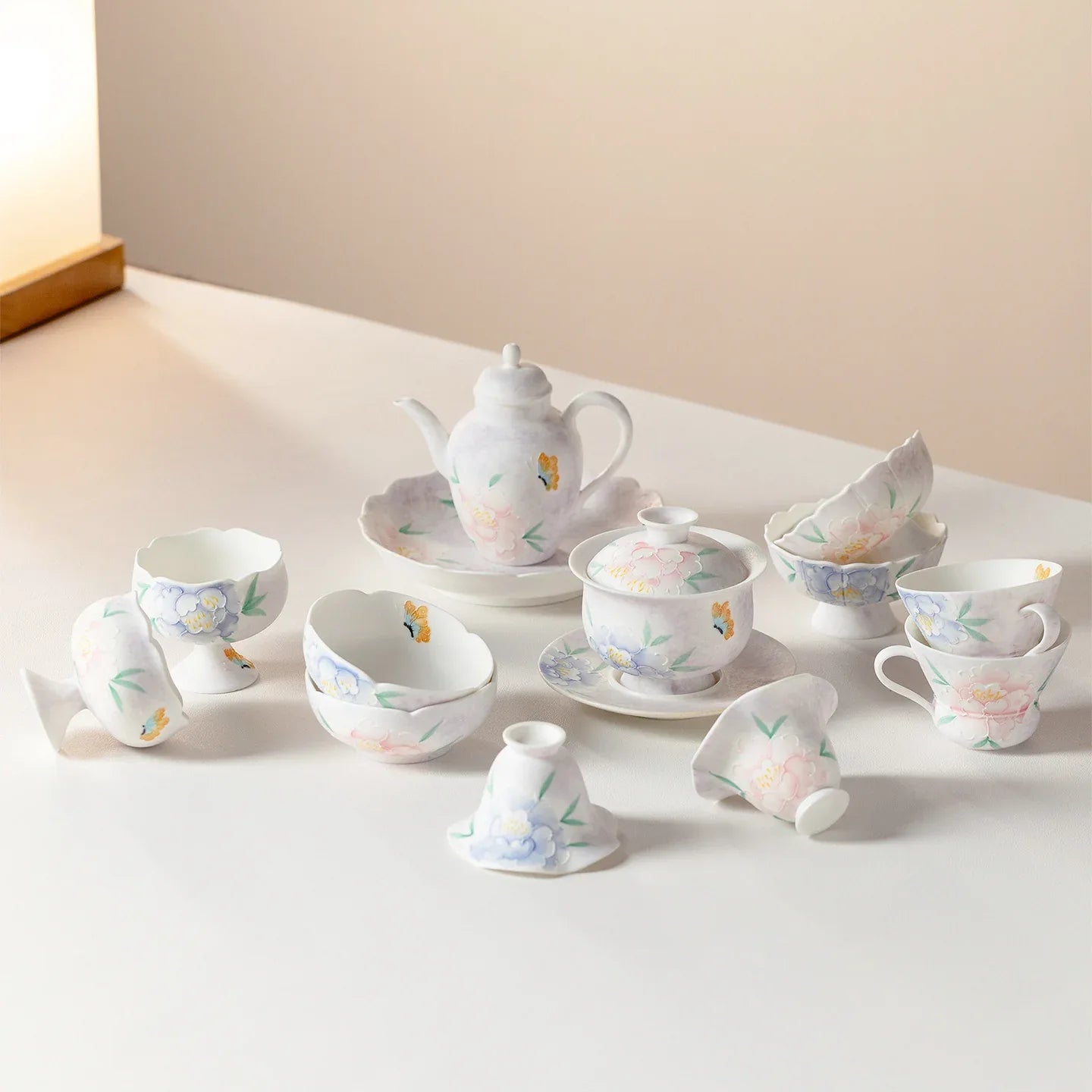 Hand-Painted Peony Collection – Pastel White Glaze (Peony Motif) - AlinTree