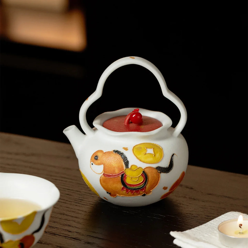 Hand-Painted Fortune Horse Snowflake White Bail-Handle Ceramic Teapot (160ml) - AlinTree