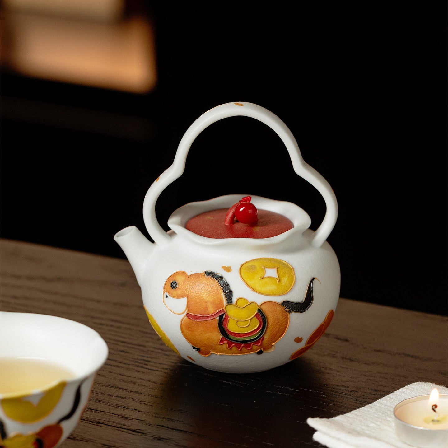 Hand-Painted Fortune Horse Snowflake White Bail-Handle Ceramic Teapot (160ml)