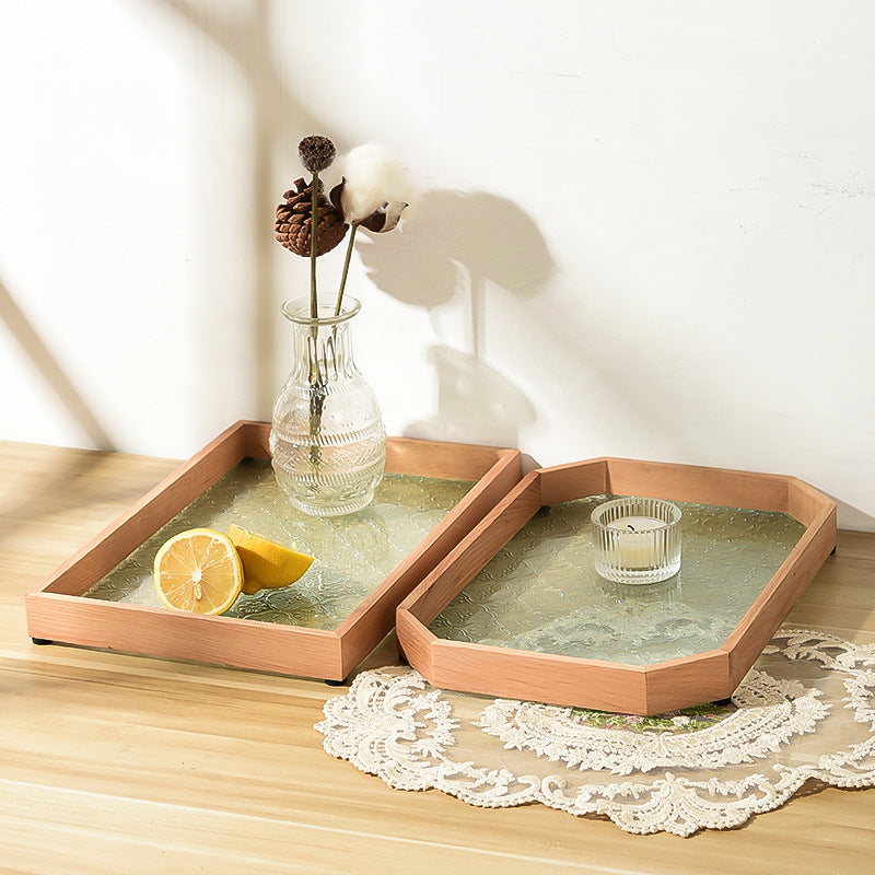Embossed Glass Serving Tray with Walnut-Tone Frame (Multiple Styles)
