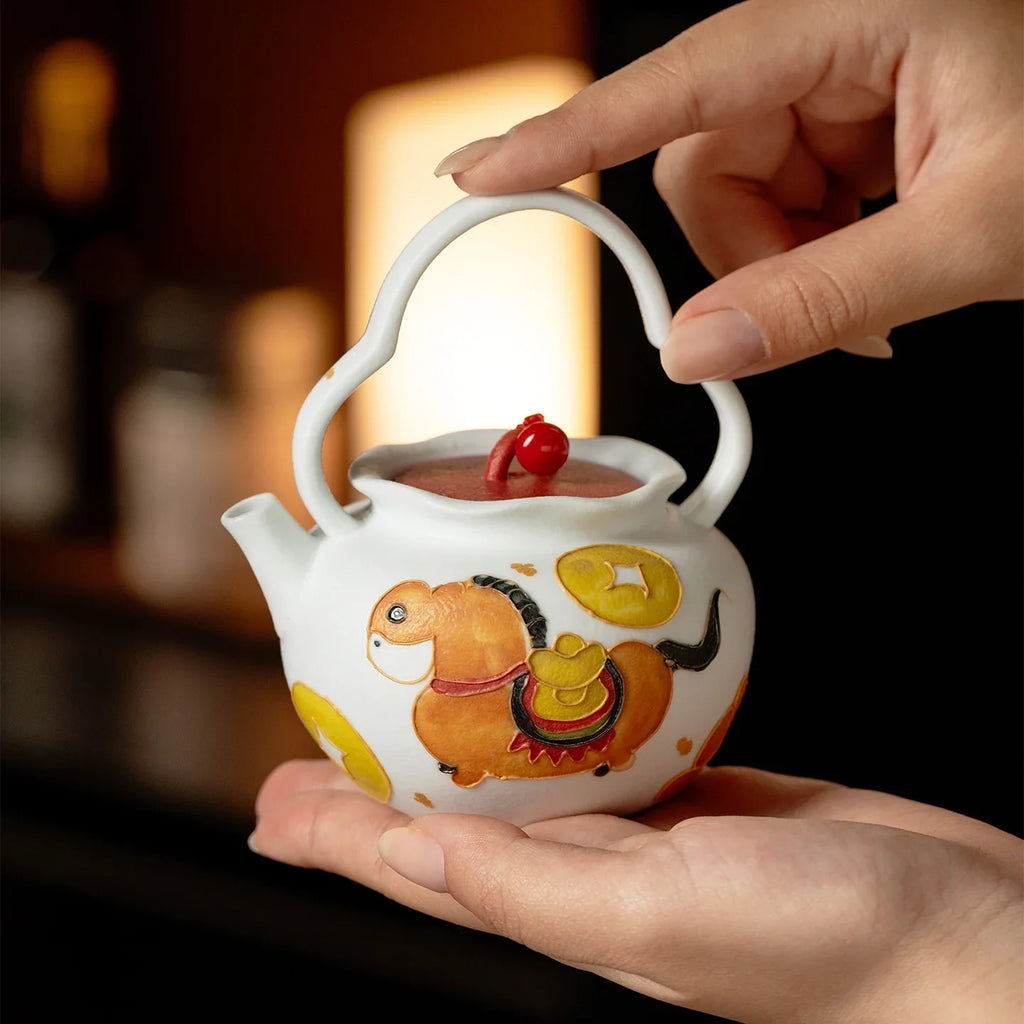 Hand-Painted Fortune Horse Snowflake White Bail-Handle Ceramic Teapot (160ml) - AlinTree