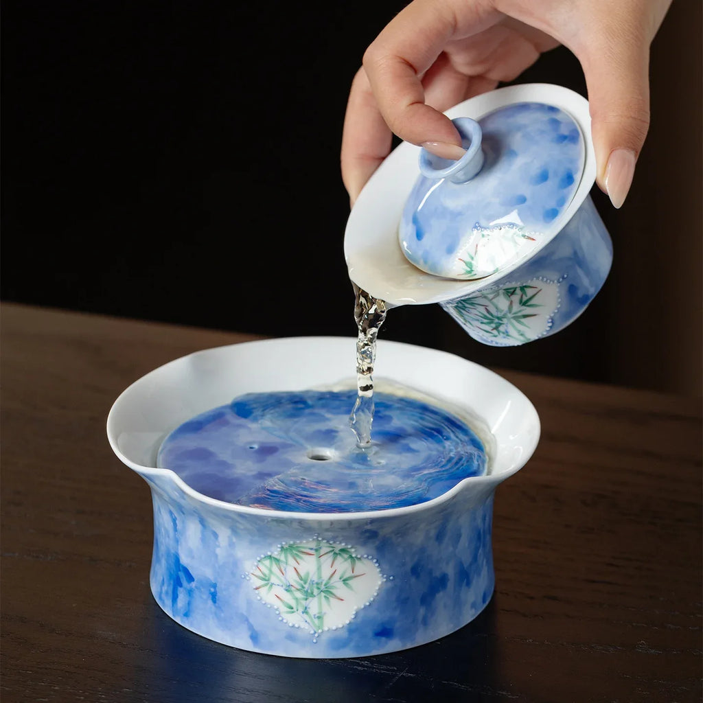 Hand-Painted Green Bamboo Ceramic Teapot Tray (Dry Tea Tray) - AlinTree