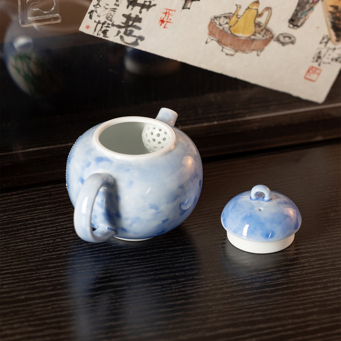 Hand-Painted Blue Bamboo Shadow Ceramic Teapot (160ml)
