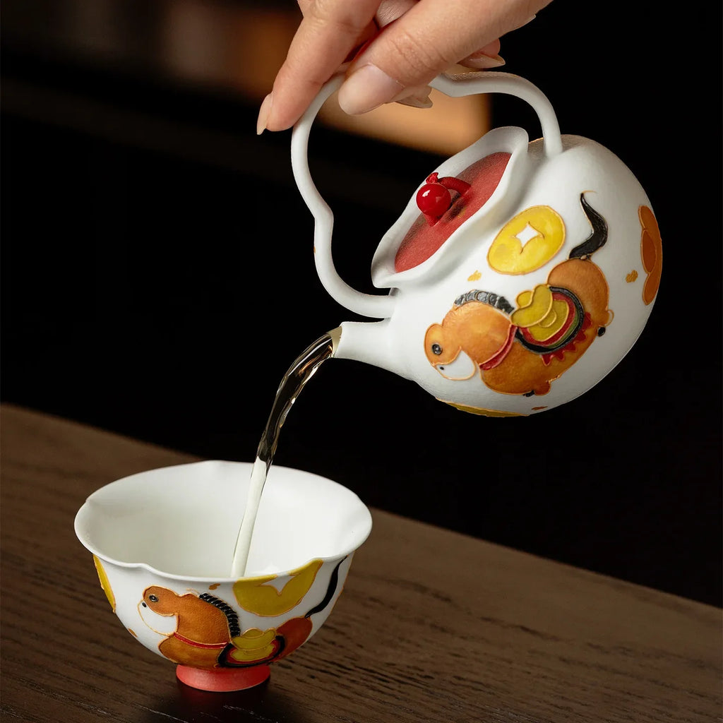 Hand-Painted Fortune Horse Snowflake White Bail-Handle Ceramic Teapot (160ml) - AlinTree