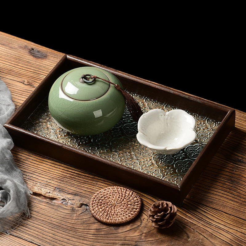 Embossed Glass Serving Tray with Walnut-Tone Frame (Multiple Styles)