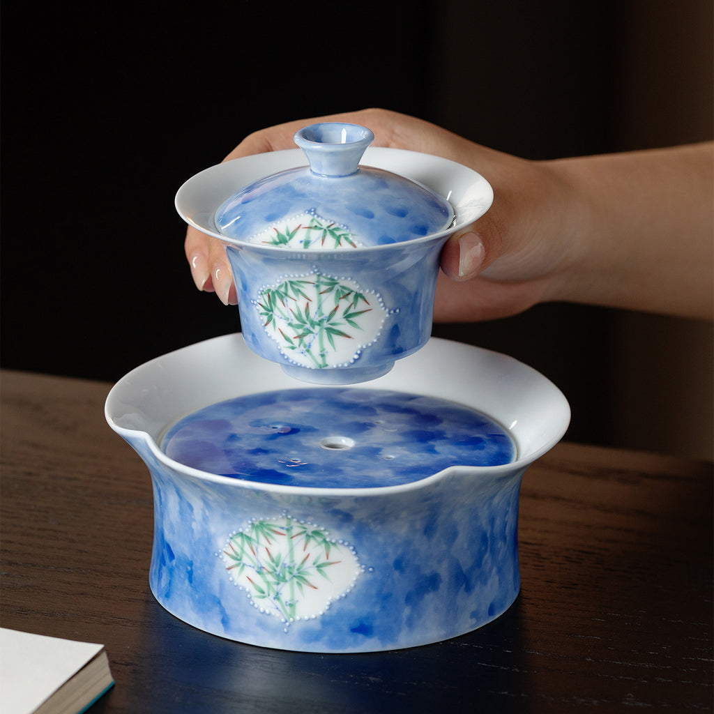 Hand-Painted Bamboo Shadow Tea Set – Azure Blue Collection