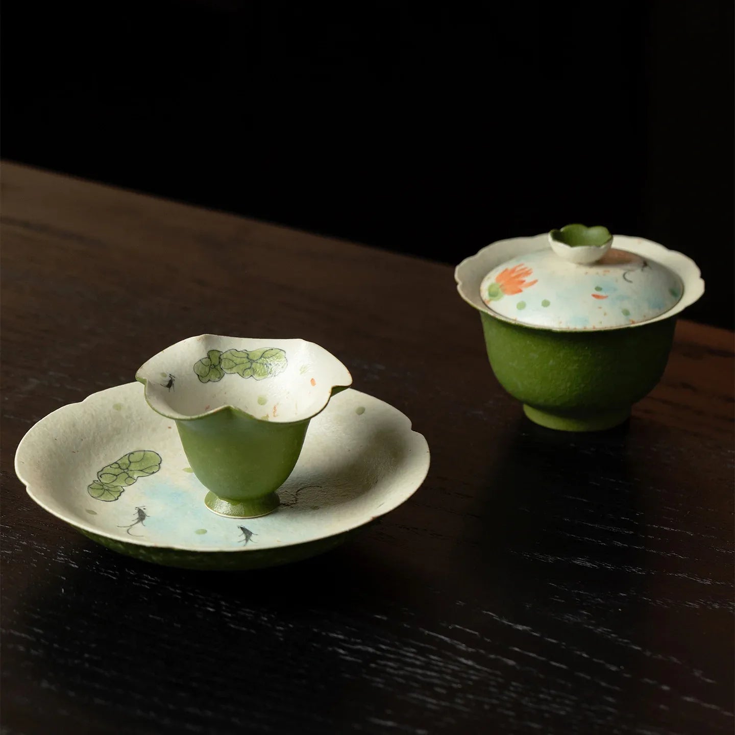 Hand-Painted Lotus &amp; Fish Collection – Celadon Green (Lotus Motif) - AlinTree