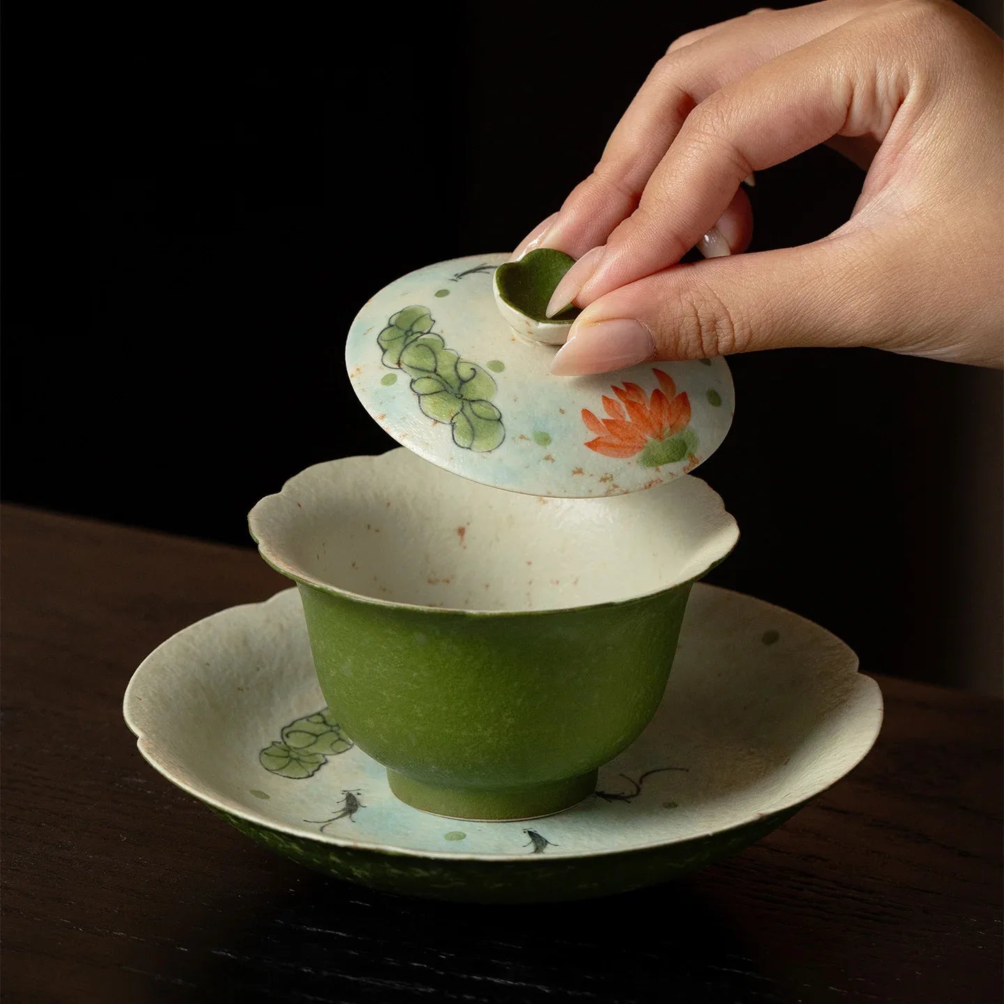 Hand-Painted Lotus &amp; Fish Collection – Celadon Green (Lotus Motif) - AlinTree