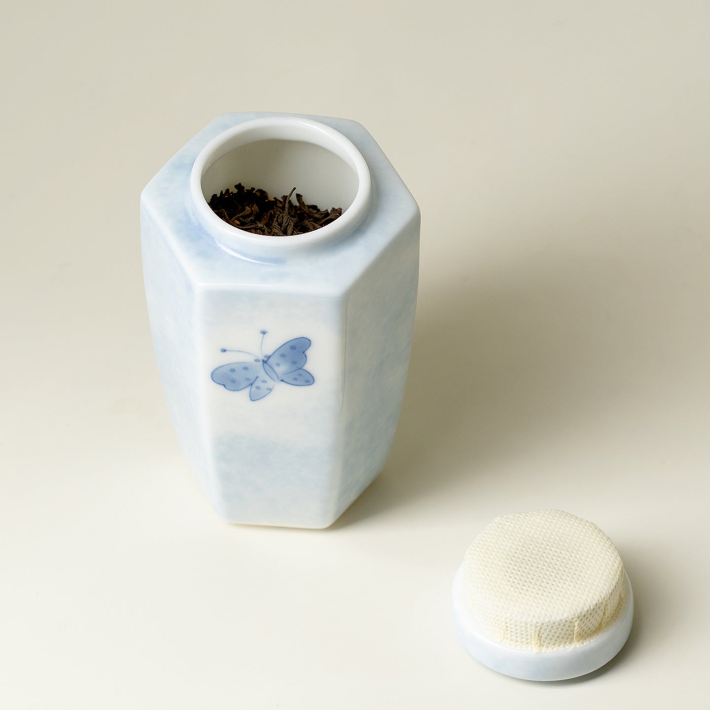 Hand-Painted Butterfly & Floral Hexagon Mini Travel Ceramic Tea Canister (250ml)