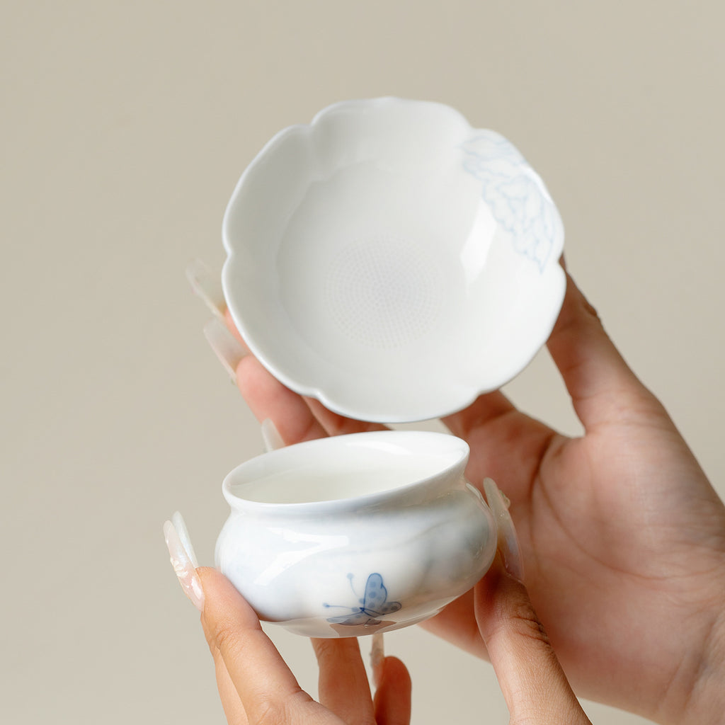 Hand-Painted Butterfly & Floral Petal Ceramic Tea Strainer Set