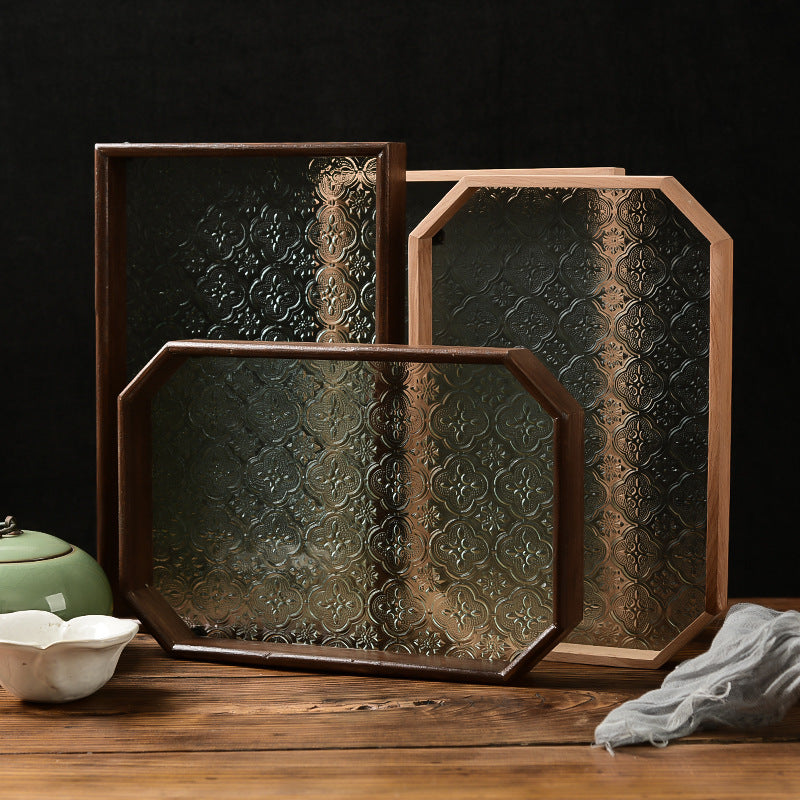 Embossed Glass Serving Tray with Walnut-Tone Frame (Multiple Styles)