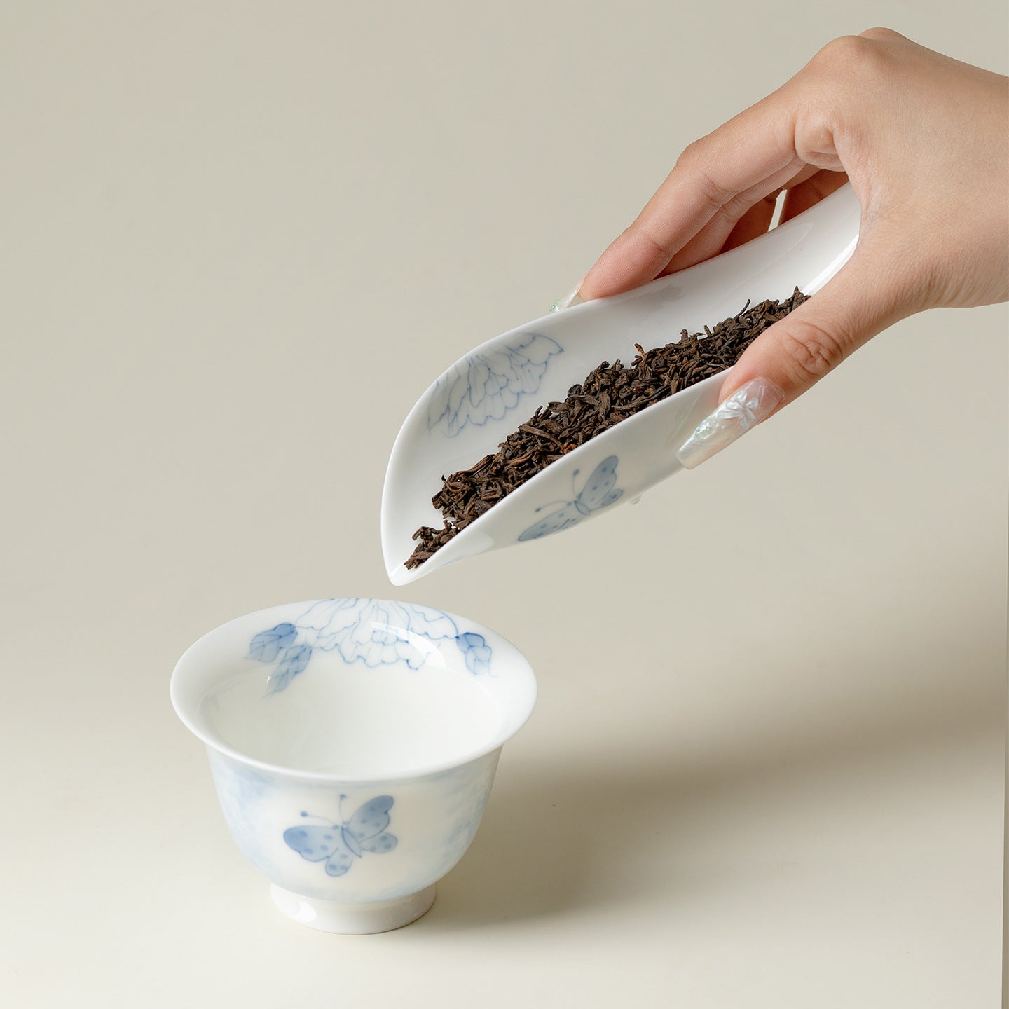 Hand-Painted Butterfly & Floral Jade Porcelain Tea Scoop (Cha Ze)