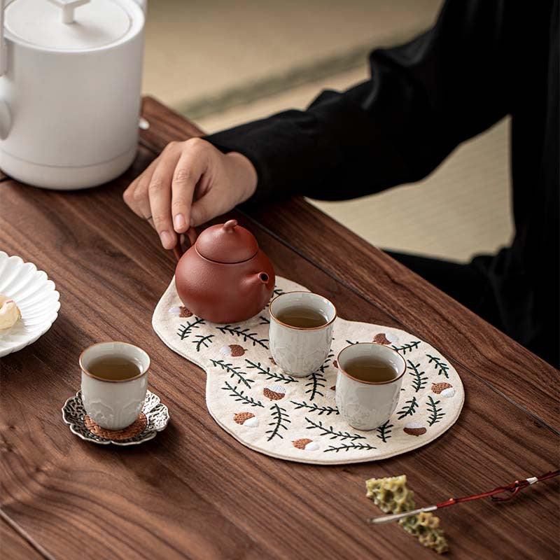 Gourd Teapot Coaster Embroidered Coaster Vintage Teapot Coaster Tray Mat Heat-Resistant Mat Premium Tea Mat