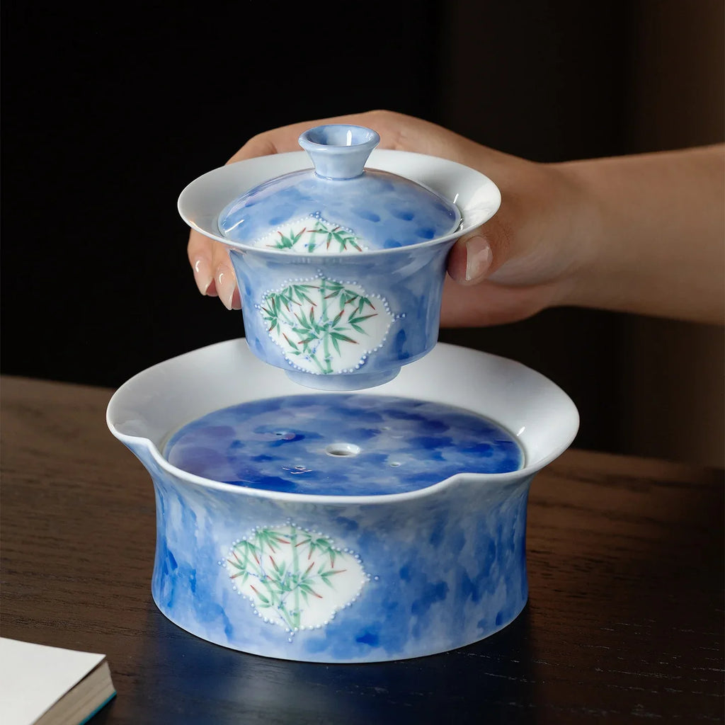 Hand-Painted Green Bamboo Ceramic Teapot Tray (Dry Tea Tray) - AlinTree