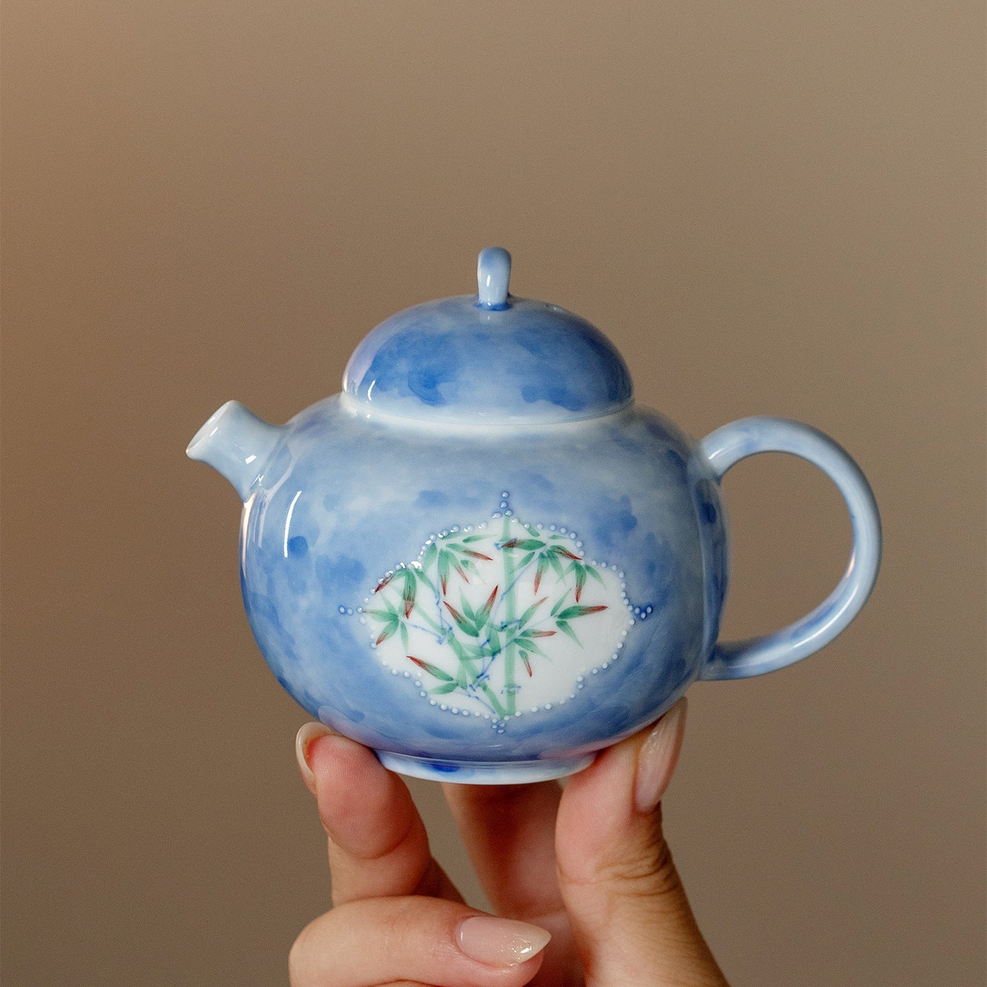 Hand-Painted Blue Bamboo Shadow Ceramic Teapot (160ml)