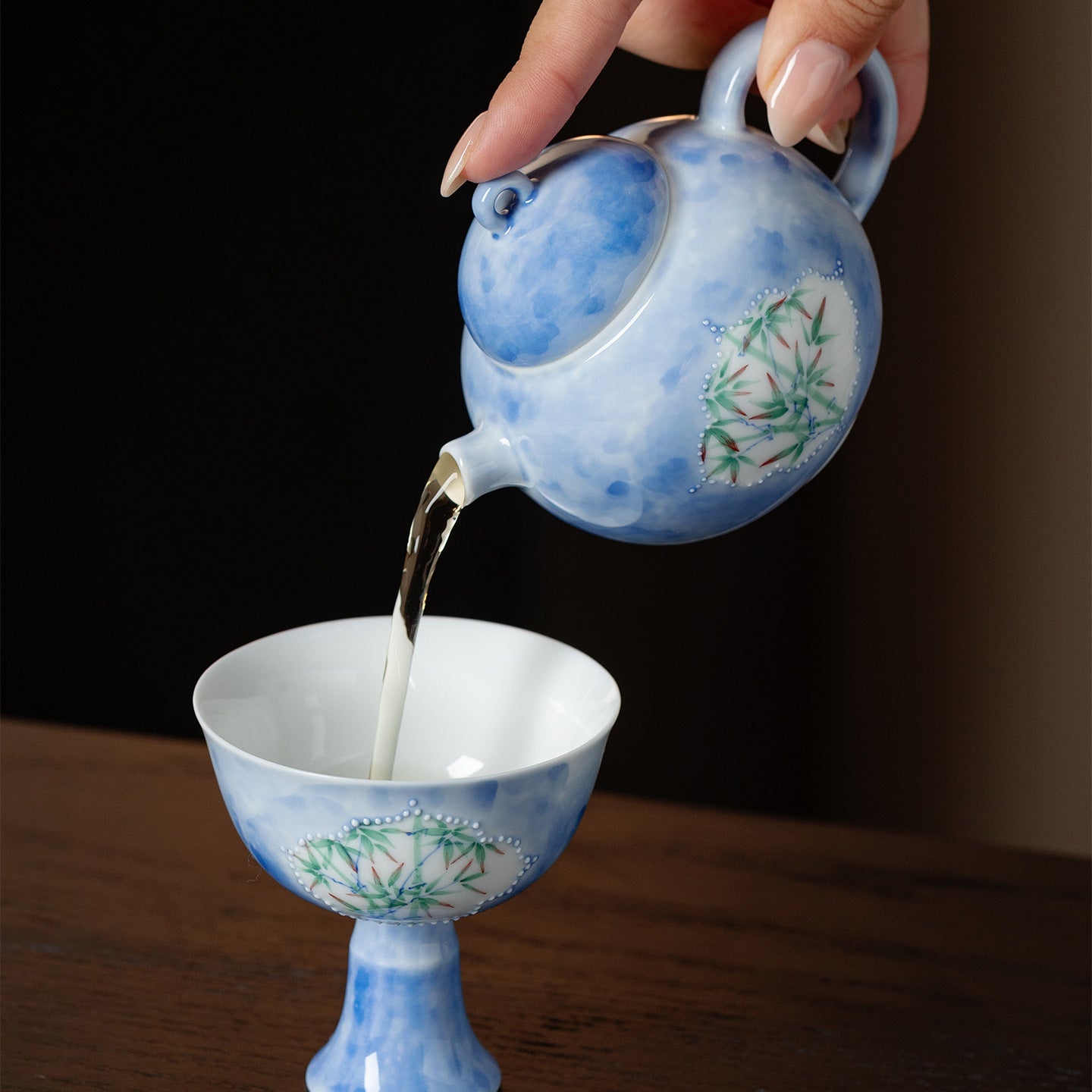 Hand-Painted Blue Bamboo Shadow Ceramic Teapot (160ml)